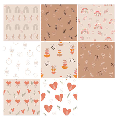 Set of Boho Valentine pattern designs in pastel colors. Vector illustration.のイラスト素材