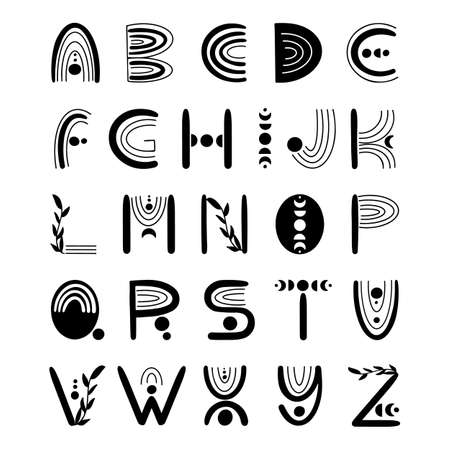 Boho style lettering alphabet with floral elements and rainbows. Vector illustration.のイラスト素材