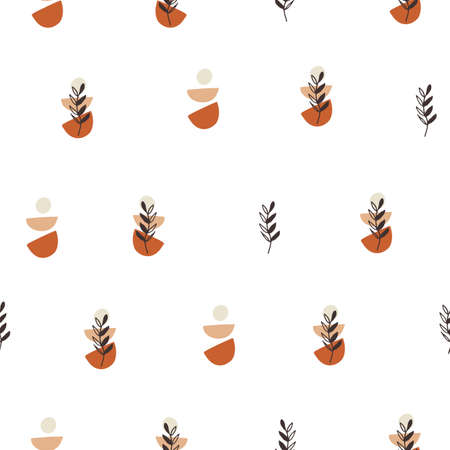 Seamless pattern design with floral elements and abstract shapes. Boho style. Vector illustration.のイラスト素材