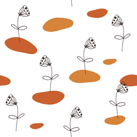 Seamless pattern design with floral elements and abstract shapes. Boho style. Vector illustration.のイラスト素材