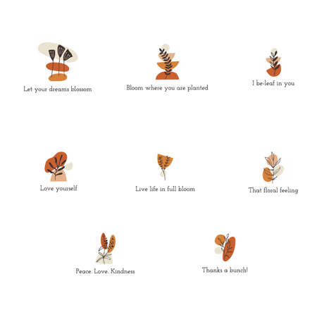 Clipart set with floral elements and flower phrases. Vector illustration.のイラスト素材