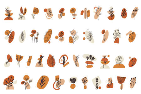 Clipart set with floral elements and abstract shapes. Boho style. Vector illustration.のイラスト素材