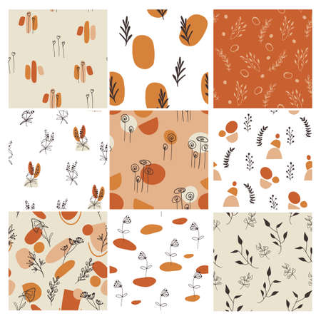 Set of pattern designs with floral elements and abstract shapes. Vector illustration.のイラスト素材