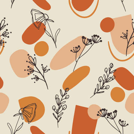 Seamless pattern design with floral elements and abstract shapes. Boho style. Vector illustration.のイラスト素材
