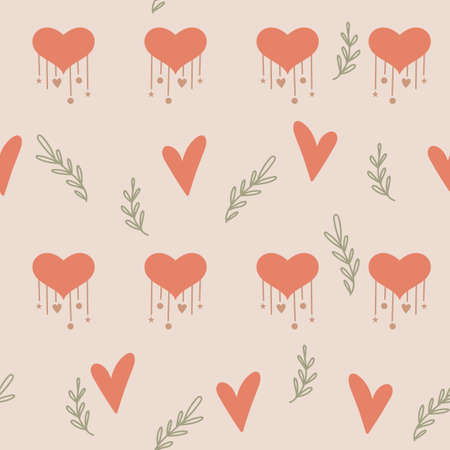 Seamless pattern design with hearts and floral branches. Vector illustration.のイラスト素材