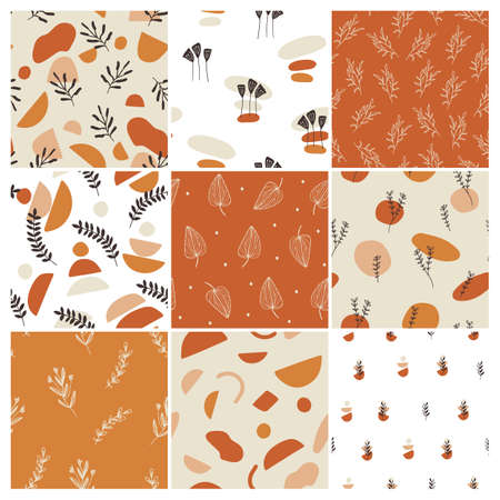 Set of pattern designs with floral elements and abstract shapes. Vector illustration.のイラスト素材