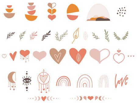 Boho Valentine clipart set with hearts. Vector illustration.のイラスト素材