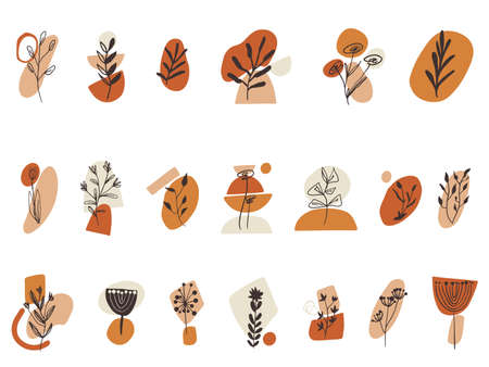 Clipart set with floral elements and abstract shapes. Boho style. Vector illustration.のイラスト素材