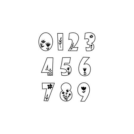 Clipart with numbers and floral elements. Vector illustration.のイラスト素材