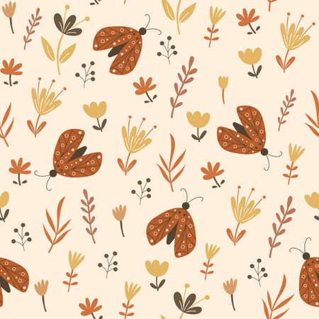 Seamless pattern design with floral elements and butterflies. Vector illustration.のイラスト素材