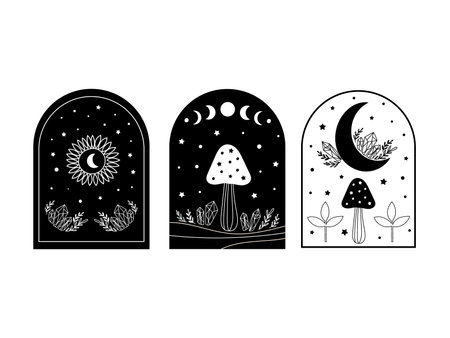 Mystical set with mushrooms and moon. Vector illustration.のイラスト素材