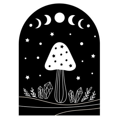 Mystical template design with moon and magic mushroom. Vector illustration.のイラスト素材