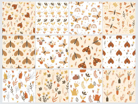 Seamless pattern set with floral elements and butterflies. Vector illustration.のイラスト素材