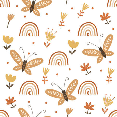Seamless pattern design with floral elements and butterflies. Vector illustration.のイラスト素材