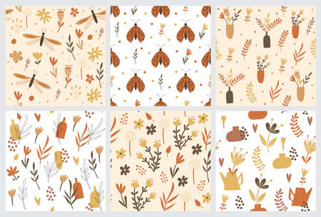 Seamless pattern set with floral elements and butterflies. Vector illustration.のイラスト素材