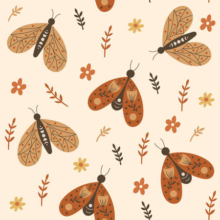 Seamless pattern design with floral elements and butterflies. Vector illustration.のイラスト素材