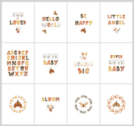 Set of nursery posters with cute quotes, butterflies and flowers. Vector illustration.のイラスト素材
