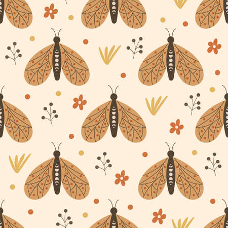Seamless pattern design with floral elements and butterflies. Vector illustration.のイラスト素材