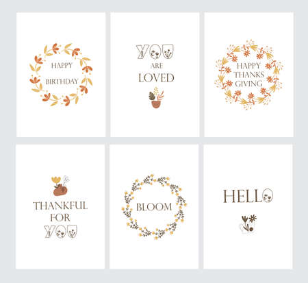 Postcard set with floral elements and greeting quotes. Vector illustration.のイラスト素材