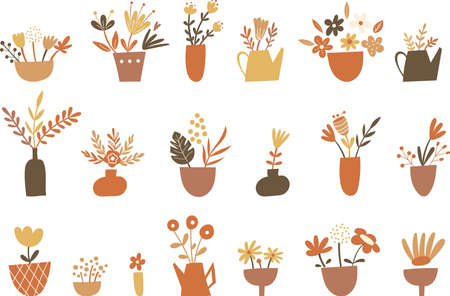 Floral elements and vases clipart set. Vector illustration.のイラスト素材