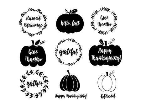 Thanksgiving quotes, pumpkins and wreaths. Vector illustration.のイラスト素材