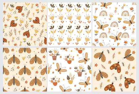 Seamless pattern set with floral elements and butterflies. Vector illustration.のイラスト素材