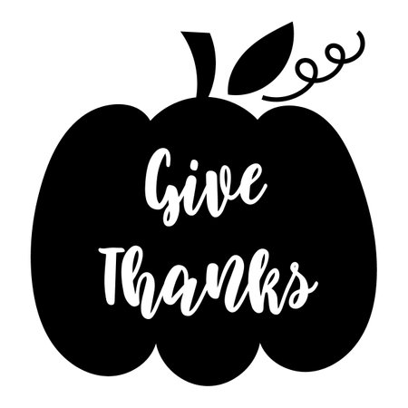 Give Thanks - Thanksgiving day lettering on a pumpkin silhouette. Vector illustration.のイラスト素材