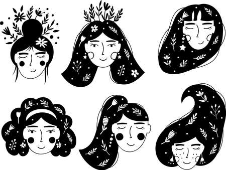 Women Faces and Flowers. Vector illustrations.のイラスト素材