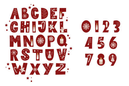 Christmas alphabet set and numbers. Vector illustration.のイラスト素材