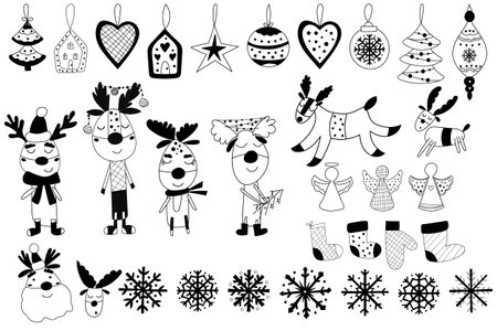 Monochrome Christmas Clipart set with ornaments, Santa Clauses and reindeer. Vector illustration.のイラスト素材