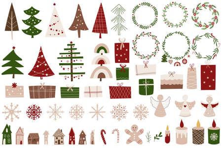 Christmas Clip art set with ornaments, trees, gifts and snowflakes. Vector illustration.のイラスト素材