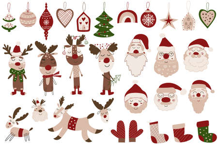 Cute Christmas Clipart set with ornaments, Santa Clauses and reindeer. Vector illustration.のイラスト素材