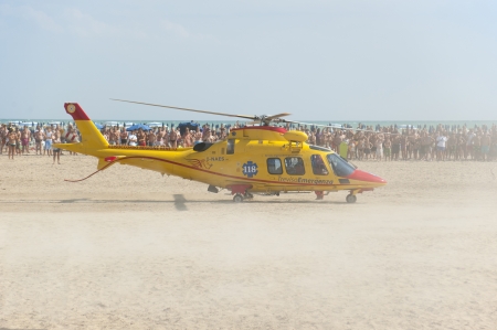 Italy, Treviso 08,08,2011 Hospital Rescue Helicopter on the beach of Bibione lends in northern Italy http://www.ulss.tv.it/suem/のeditorial素材