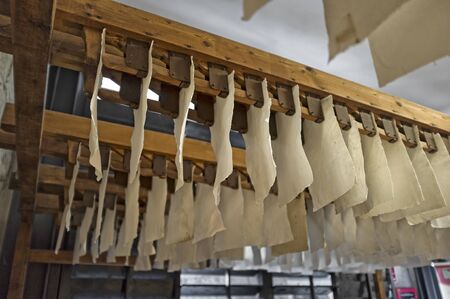 31 August 2019 - Paper Valley, Toscolano Maderno (BS) Italy, Paper Museum, sheets of paper placed to dryのeditorial素材