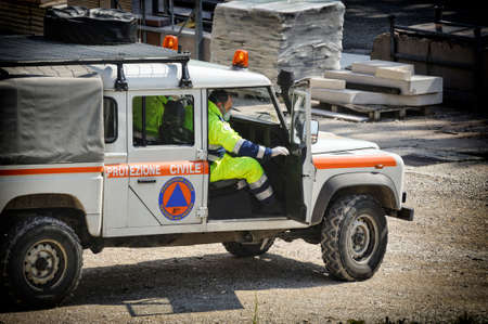 1,April, 2020 - Cornedo Vicentino, Italy: Italian Civil Defence Volunteer of the Veneto region,...