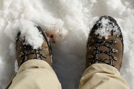 Close up of feet in winter boots in the snowの写真素材