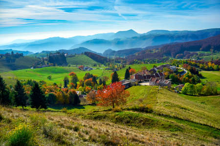 ContrÃ  Pagani in Campofontana, immersed in the autumn landscape on the Lessinia Plateau, Regional Natural Park, province of Verona, Italy, Europe.の写真素材