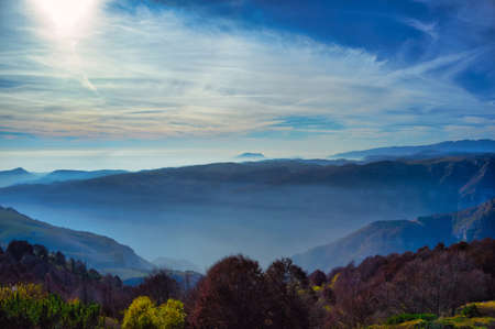 sunset during autumn landscape on the Lessinia Plateau, Regional Natural Park, province of Verona,...