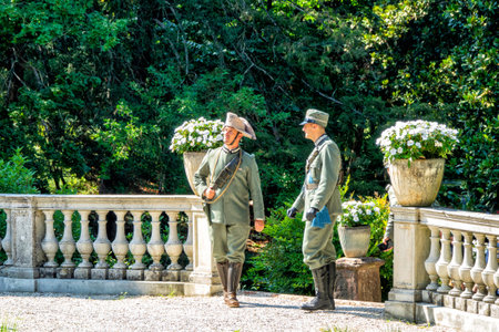 28 August 2022 Villa Varda Brugnera, Italy: Reconstruction of the first world war. Two men in...