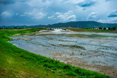 River engineering works for flood protection and hydraulic and reclamation projects on the Agno GuÃ  river in the municipalities of Trissino and Arzignano in the province of Vicenza, Italy.の写真素材