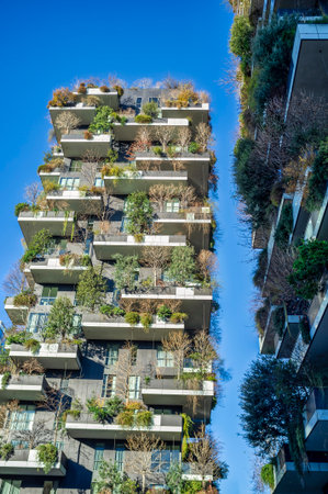 Close-up view of the Vertical Forest, the famous eco-sustainable residential complex located in the...