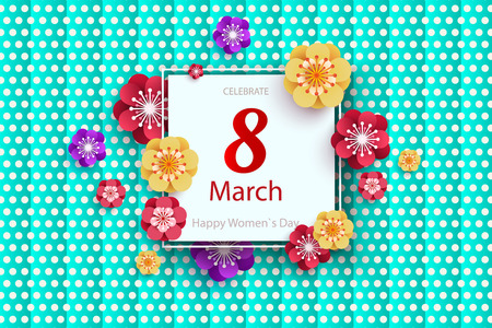 Women's day greeting card with square frame and paper cut flowers on colorful modern geometric background vector illustration with place for your text.のイラスト素材