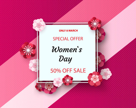 Womens Day greeting card with square frame and paper cut flowers on colorful modern background. Vector illustration.のイラスト素材