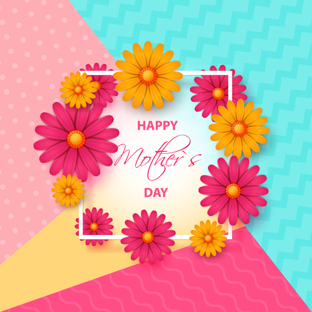 Mother's day greeting card with square frame and paper cut flowers on colorful modern geometric background vector illustration, place for your text.のイラスト素材