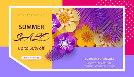 Summer sale background layout for banners,Violet palm leaves and yellow tropical flowers on a bright background.Wallpaper,flyers, invitation, posters, brochure, voucher discount.Vector illustration .のイラスト素材