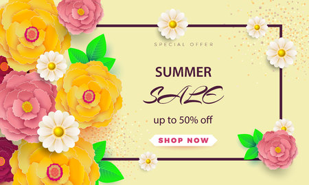 Summer sale banner with paper flowers on a light background. The banner is ideal for promotions, magazines, advertising, websites.のイラスト素材