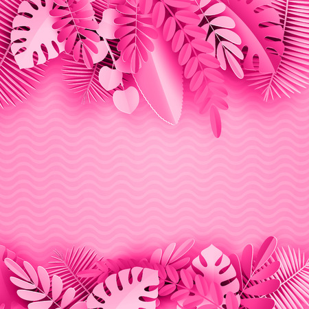 Tropical paper palm, monstera leaves frame. Summer tropical leaf. Pink color. Origami exotic hawaiian jungle, summertime background. Paper cut styleのイラスト素材