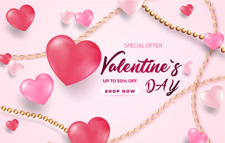 3d metallic white and pink hearts with golden beads and chains on a gentle pink background. Decorative love concept for valentines day or wedding. Sale banner. Place for your text. Vector illustrationのイラスト素材