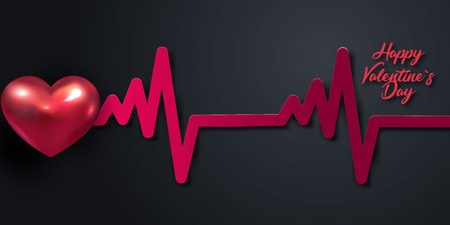 Valentines day holiday background with 3d metal red heart and imitation of heart rate on black...