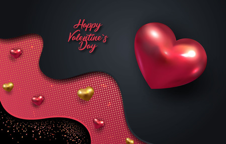 3d metallic gold and red hearts on a bright red and dark background. Decorative love concept for valentines day or wedding. Sale of banners. Place for your text. Vectorのイラスト素材